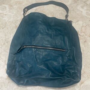 Garnet Hill Teal Leather Deep Hobo Bag with Slouchy Design